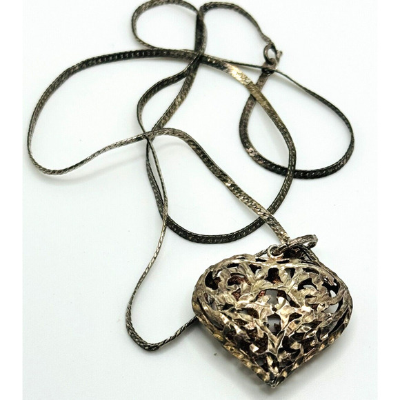 Antique STERLING Estate Hand Etched Open Filigree Rose Puff Heart Pendant/Neck - Picture 1 of 4